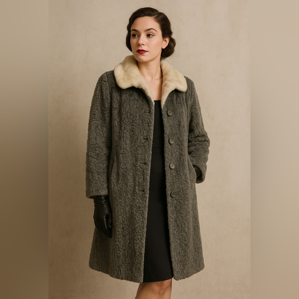 Vintage Susan Lynn Gray Faux Fur Coat with Contrast Collar – Size 15/16